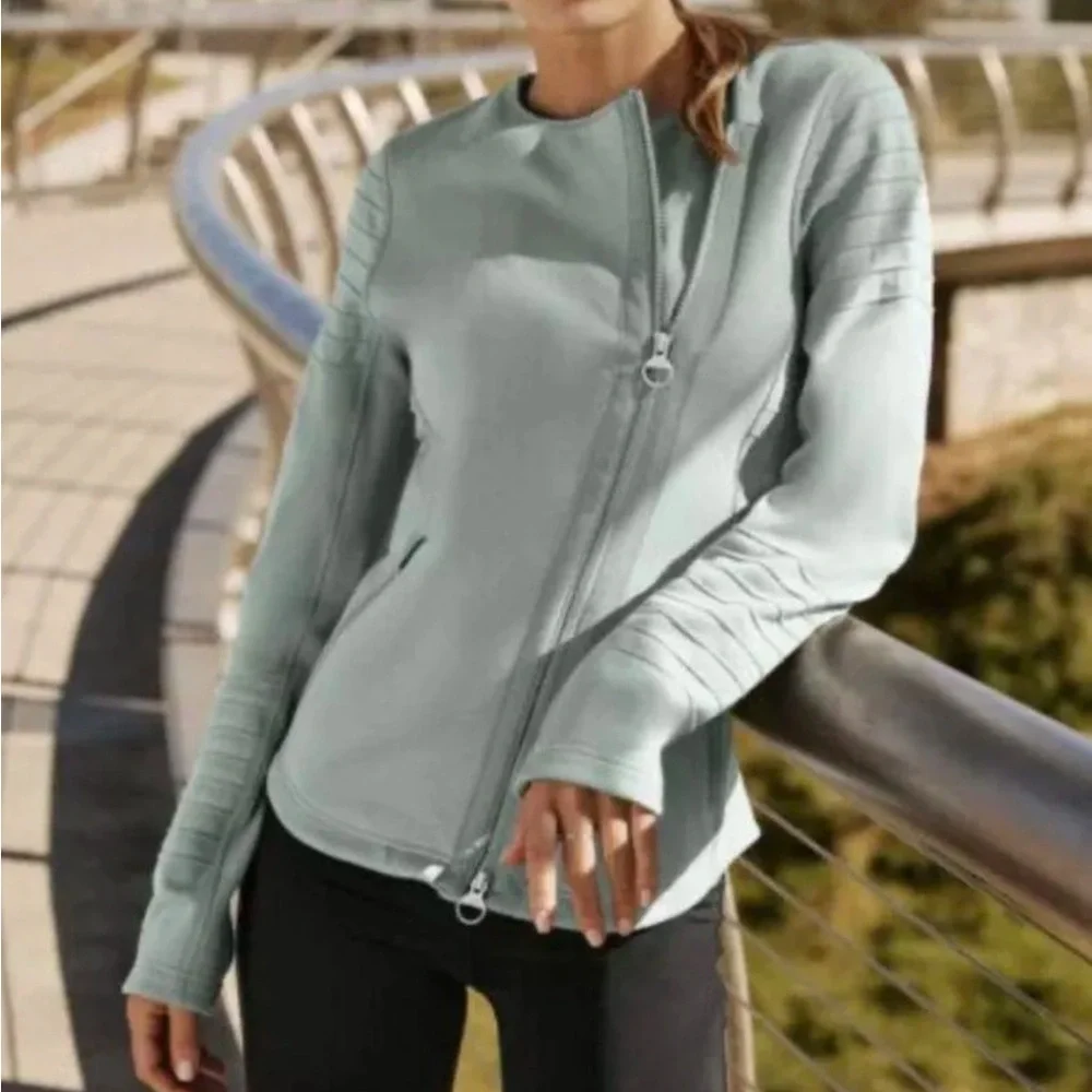 Athleta Moto Jacket Sweatshirt Knit Fleece Lined Zipper Pockets Minimalist Green